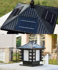 Vintage Solar Post Light For Outdoors Knockout Durability Rock Solid Weatherproof Led Garden Column Lantern with solar panels on top.