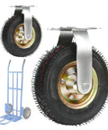 Pair Of Heavy Duty Industrial Caster Wheels Featuring Tough As Nails Pneumatic Tires For Dead Smooth Rollin Mobile Tool Cart Replacement With Shock Absorbing Grip Screws close-up of caster with pneumatic tire and mounting plate.