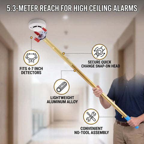 Nix The Step Ladder High Ceiling Smoke Detector Removal Tool Aluminum Telescoping Pole extends 5.3 meters, easy change snap-on head.