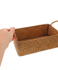 Spacious Open Top Seagrass Woven Storage Basket With Heavy Duty Handles For Kitchen Farmhouse Pantry Bathroom Towels Cosmetics And Hassle Free Daily Organization Goals, held by hand.