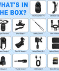 Thumb Size 1080P Wearable Body Camera With 64GB Card components: camera, magnetic clip, mounts, safety cord, USB cable, SD card.