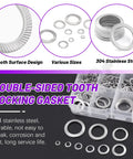 160 Piece 304 Stainless Steel Double Side Tooth Lock Washer Assortment Kit Metric M3 Through M16 Sizes including various sizes and designs.