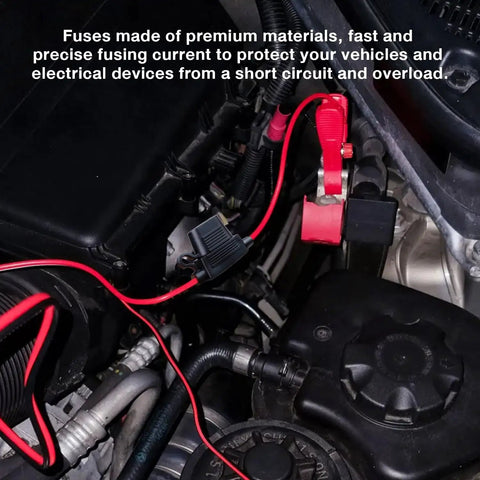 Sweet Ride Essentials 10 Piece Atc Ato Inline Fuse Cable Kit With 18 Awg Wiring Harness And 70 Spare Blade Fuses installation in engine compartment.