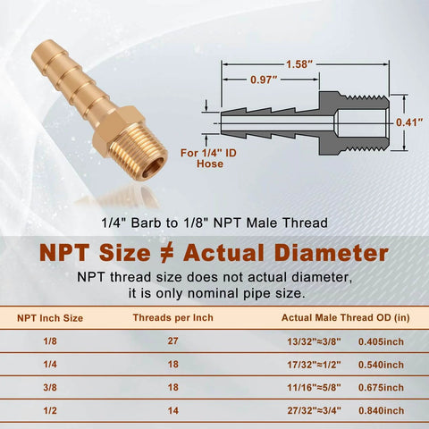 Diagram of 5 Pack Brass Hose Barb Fittings One Quarter Inch Barb To One Eighth Inch NPT Male Thread Air Water Fuel Line Adapters Connector showing dimensions and NPT size conversion chart.