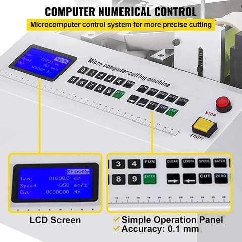 Detailed view of Automatic Heat Shrink Tube Cutting Machine Slick Cable Pipe Trimmer's LCD control panel and buttons for precision cuts.