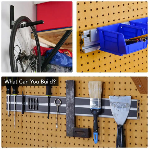 Top Shelf Three By Three Quarter T Slotted Aluminum Extrusion Bar With Six Open Channels For Custom Rig Buildouts Smooth Linear Motion Paths And Track Saw Guides Finished In Durable Black Anodized Coating Measuring Thirty Six Inches, displaying bike storage, tool organization, and modular storage solutions.