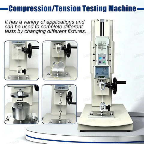 Straight Up Heavy Duty Digital Pull Force Tester And Manual Force Gauge Stand With 270 mm Stroke Bidirectional Mount Hand Wheel Operated For Built Tough Compression And Tension Testing 10 To 2000 N Range display with various testing fixtures.