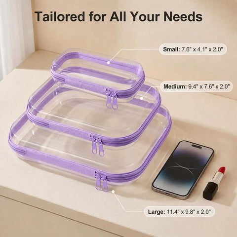 Clear Hard Shell Makeup Pouch Set showing three sizes, transparent with purple zippers, ideal for travel toiletry cases.