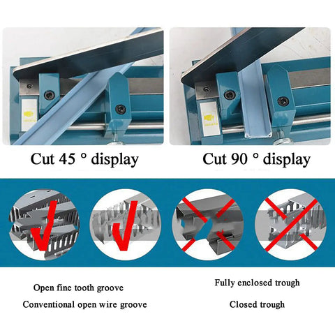 Manual Double Groove Rail Cutter Tool for Slotted Aluminum with 50cm Ruler showing 45 and 90 degree cuts and groove options