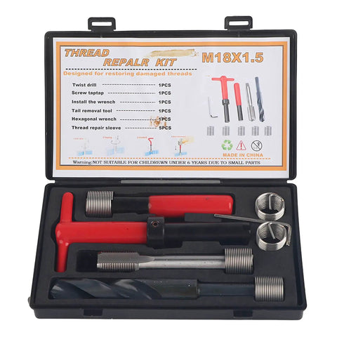 Stainless Steel Thread Repair Kit With M18x1.5 Threaded Inserts 10 Piece Set with drill, tap wrench, hex wrench in case