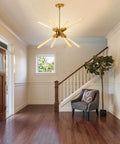 Sputnik Style Gold Flush Mount Chandelier With Eight E26 LED Tube Bulbs Includes Nine Bulbs Total Adjustable Height Three Section Rod Ceiling Light Fixture For A Dope Modern Living Room Or Dining Area in foyer setting