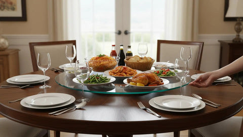Badass Heavy Duty Six Inch Aluminum Alloy Turntable Bearing Base Black Lazy Susan Rotating Swivel Plate with a dining setup featuring food.