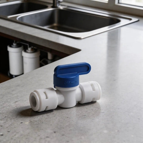 5 Pack 3 8 Inch Push In Ball Valve Quick Connect Plumbing Fitting Leak Proof Polypropylene on kitchen countertop for easy fluid control.