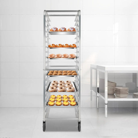 Heavy Duty 20 Tier Bakery Rack Straight Up Solid Aluminum Cooling Cart For Full And Half Sheet Pans with pastries.