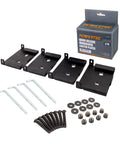 Quick-Release Workbench Caster Plates, 4 Pack With Locking Pins, 8 Lock Nuts, Washers And Bolts For Caster Assembly shown with packaging