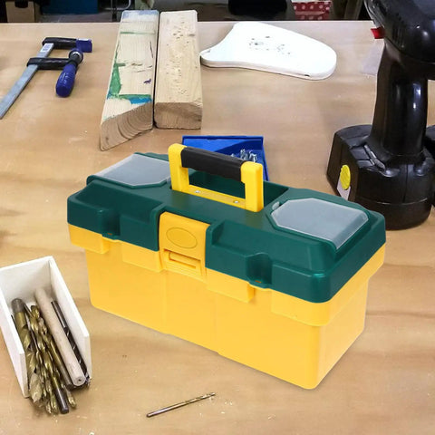 Heavy Duty Plastic Handheld Toolbox With Rugged Ergonomic Handle For Storing Hardware And Gear Making The Daily Grind Easy Around The Home Garage Or Job Site on workbench with tools.