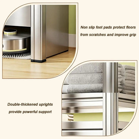 Close-up of Built Tough Stainless Steel Washer Shelf With Adjustable Multi Tier Layout, showcasing non-slip pads and thickened uprights.