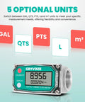 1 Inch Water And Fuel Flow Meter With Swivel 360 Connector For 2.6-26 GPM Inline NPT Thread With 1 Percent Accuracy For Diesel Gas Oil Gasoline And Other Liquids Sleep Mode displayed with optional measurement units.