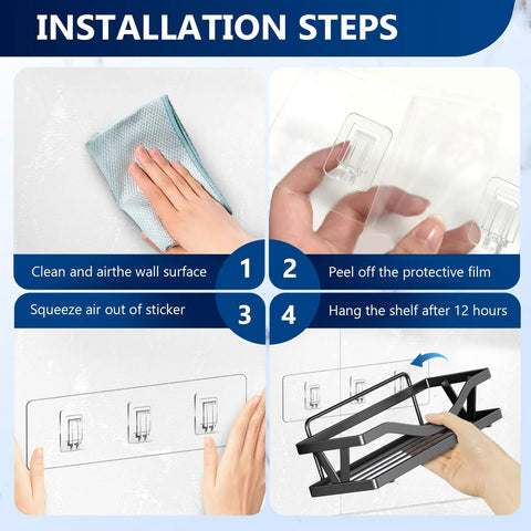 Installation steps for 14 Piece Clear Shower Caddy Replacement Hooks With Heavy Duty No Drill Adhesive Tabs For Secure Bathroom Shelving And Kitchen Organization Quick Click Install.