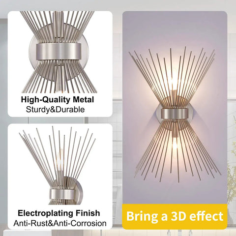 Sunburst Brushed Nickel Wall Sconces, 2 Light Mid Century Modern Vanity Lights showing starburst design and glowing effect