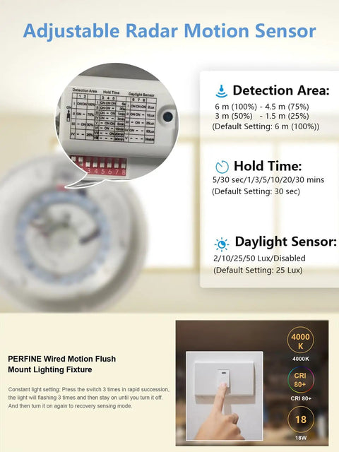 Motion Sensor Ceiling Light Flush Mount 11.8 Inch 18W LED Fixture With Auto On Off Daylight Sensor specifications details.