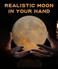 Levitating Moon Lamp With Magnetic Floating Spin, realistic hand-held view, glowing 3 color modes, ambient night light