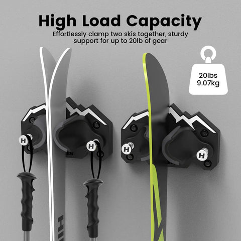 High-load Badass Ski And Snowboard Wall Mount Two Pack with non-slip grips holding two skis up to 20lbs securely.
