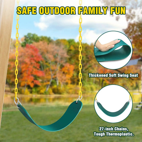 Green swing seat with yellow chains in park, part of Heavy Duty Swing Set Brackets Bundle With Two A Frame Brackets Four Swing Hangers Bundle