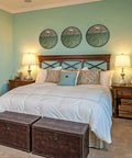 Bedroom with set of 2 rustic bedside lamps with 3-way touch dimming and USB ports, coastal washed blue nightstand lights