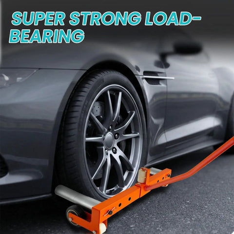 Built To Last Heavy Duty Adjustable Tire Wheel Dolly Moves 440 Lbs With Alloy Steel Frame under a car tire on pavement.
