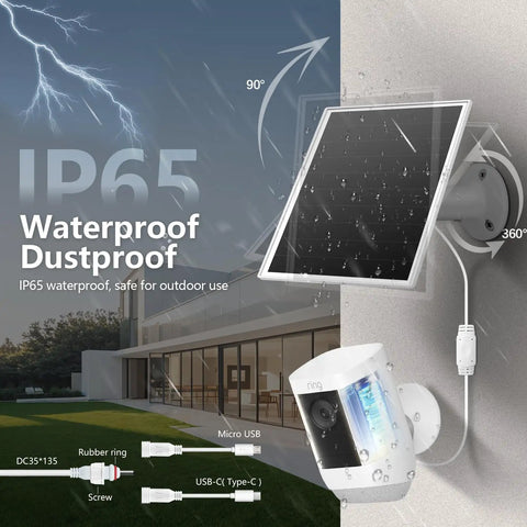 Outdoor Security Camera Solar Charger 6W Panel With USB C And Micro USB Waterproof Build Mounted on Wall