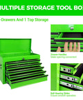 24 Inch Heavy Duty Steel Tool Box With Nine Lockable Drawers Solid Reinforced Metal Tool Chest Green showing open drawers and top storage.