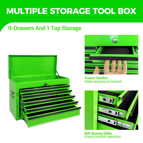 Heavy Duty 24 Inch Metal Tool Chest With Nine Ball Bearing Drawers Eva Lined Organizers Smooth As Silk Glides open with storage compartments