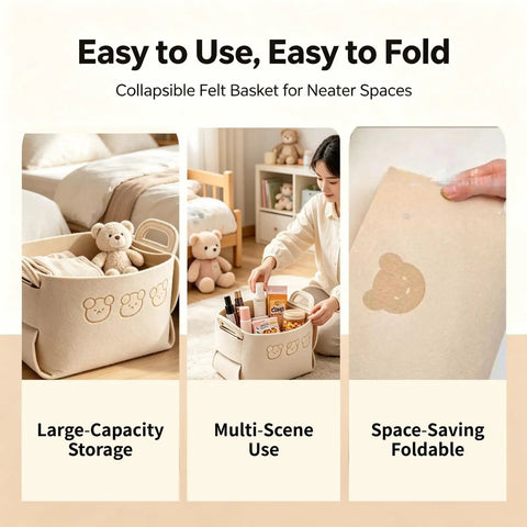 Hardcore Foldable Felt Storage Basket With Dual Handles Slick Collapsible Fabric Bin Organizer For Shelves Closet Laundry Keeps Your Crib Lookin Fresh Hassle Free Game Changer For Toys Nursery Bedroom Office In Brown with teddy bears and multi-use items.