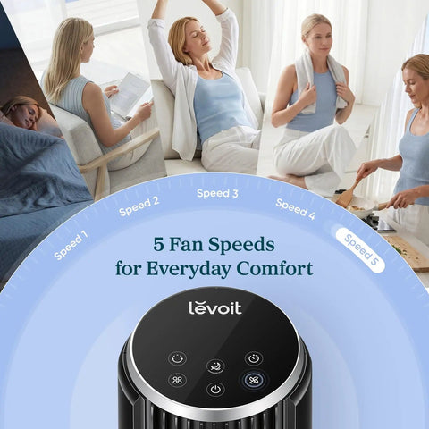 Ultra Quiet Tower Fan For Bedroom That Blows Fresh Cold Air With Rapid 28 Ft S Airflow And Wide Oscillation For Smooth All Night Sleep And Straight Up Chill Summer Vibes At Home with 5 fan speed options.
