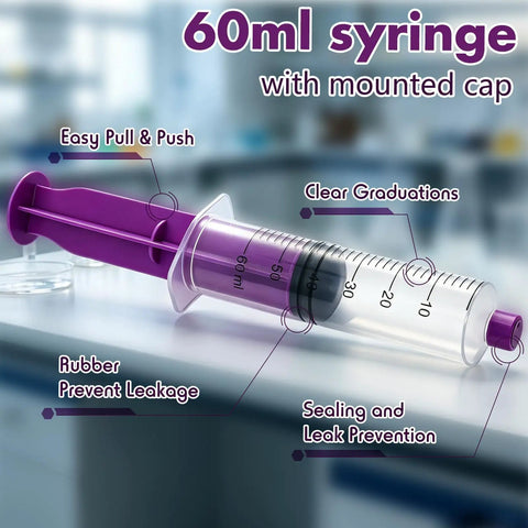 60ml external spiral syringe set with purple plunger and sealing screw cap in detail, showcasing clear graduations and leak prevention