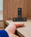 Black Stainless Steel T Shape Flat Angle Brackets With Countersunk Screw Holes For Chairs And Tables mounted on wooden furniture