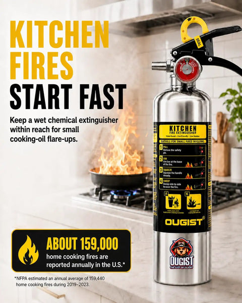 Class K Kitchen Fire Extinguisher Built For Fast Grease Cooking Flare Ups, Two Pack Of 34 Fl Oz Wet Chemical Sprayers highlighted next to flames.