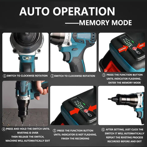 No Strings Attached Heavy Duty Cordless Rivet Gun With 5.2 Ah Battery And Slick Led Light Smashes M3 To M12 Rivet Nuts and bolts with memory mode instructions.