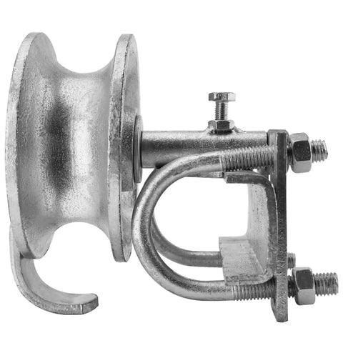 Heavy Duty Rolling Gate Wheels For Secure Backyard Fence Tracks No Sweat Installation Pipe Track Rollers With Rust Resistant Galvanized Coating, close-up of wheel and bracket.