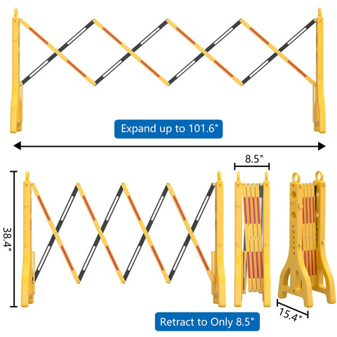 Expandable 8.46ft Safety Barricade With Water Filled Weighted Base, accordion design showing expanded and retracted states