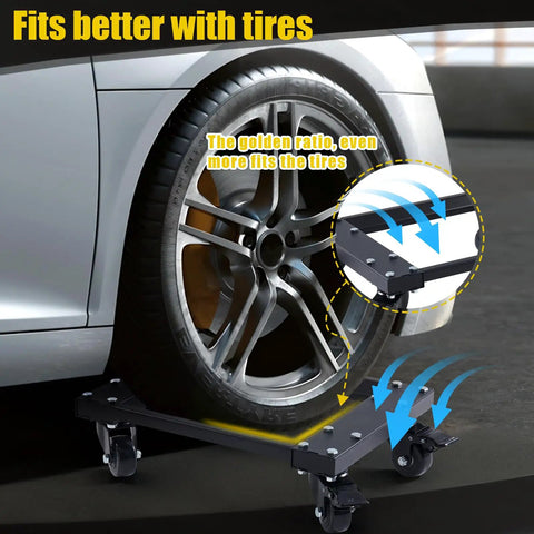 Beast Mode Heavy Duty Car Dolly Set Of 4 Featuring 6000 Lbs Capacity with tire fitting and dual swivel wheels for easy vehicle movement.