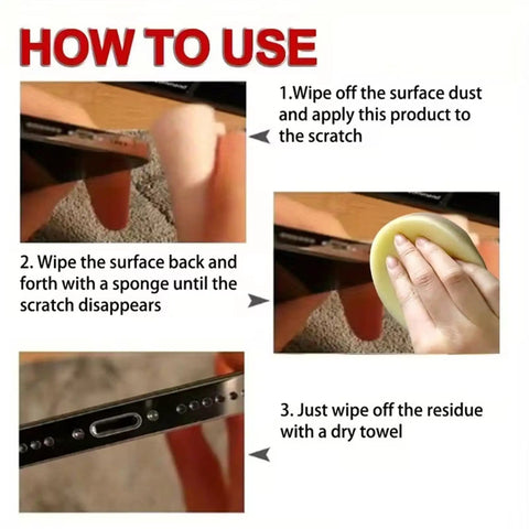 Instruction guide for Scratch Be Gone Quick Fix Screen Scratch Remover Kit With Sponge For Phones Watches Laptops Monitors And More Polishing Cream That Restores Clarity And Makes Screens Look New Again showing steps to remove scratches using a sponge.