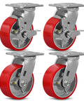 5 Inch By 2 Inch Plate Swivel And Brake Caster Wheels Set Of Four Heavy Duty Cast Iron Wheel With Polyurethane Non Marking Red Tread