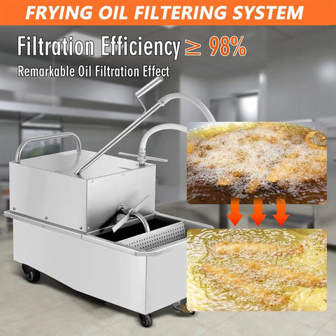 Heavy Duty Commercial Mobile Oil Filter Machine With Built In Pump And Hose for efficient oil filtration in restaurant kitchens.