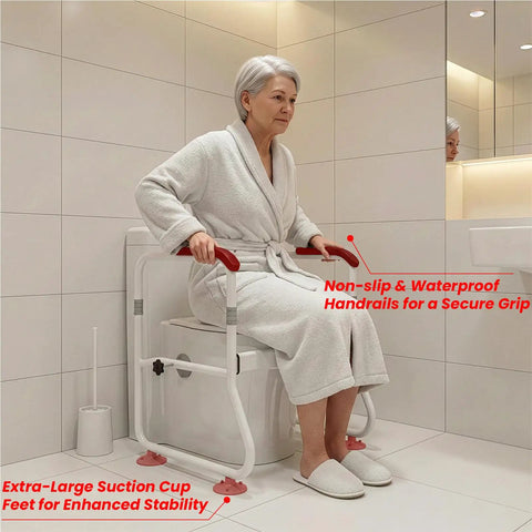 Heavy Duty Toilet Safety Rails With Padded Armrests Bathroom Grab Bar Assist Aid For Elderly And Senior Recovery Support in bathroom.