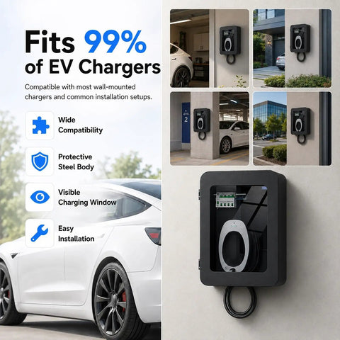 Built Damn Tough Lockable EV Charger Enclosure For Outdoor Use Heavy Duty Cold Rolled Steel Wall Box with Tempered Glass Viewing Window mounted on a wall.