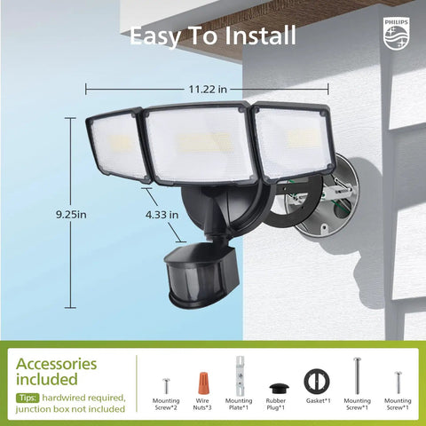 Kickass Outdoor LED Security Flood Light With Smart PIR Motion Sensor dimensions showing easy installation for versatile outdoor use.