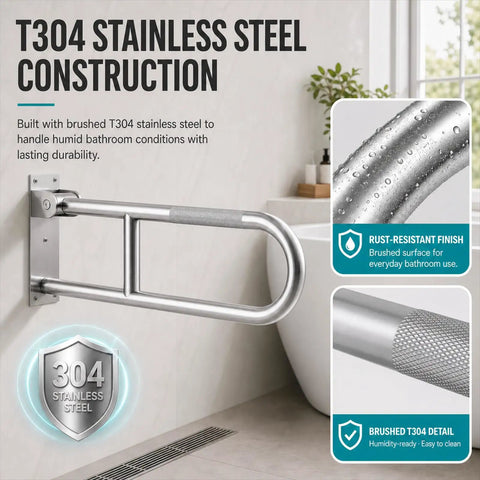 Hella Sturdy 24 Inch Folding Toilet Grab Bar With Rock Solid Anti Slip Surface For Bathroom Accessibility And Safe Shower Assistance Made From Brushed T304 Stainless Steel That Handles Up To Five Hundred Pounds Without Breaking A Sweat