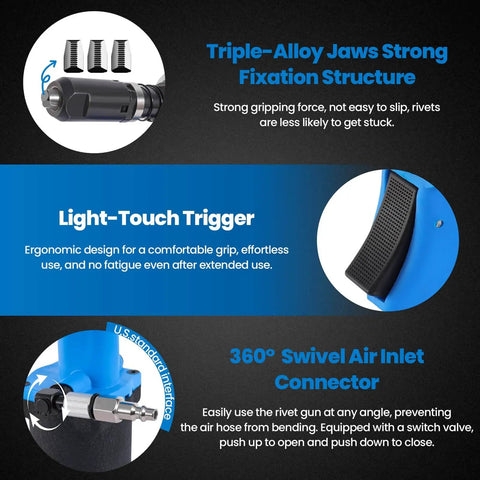 Heavy-Duty Pneumatic Rivet Gun Air Pop Riveter Kit With Wicked Strong Pulling Force showing triple-alloy jaws and light-touch trigger design.